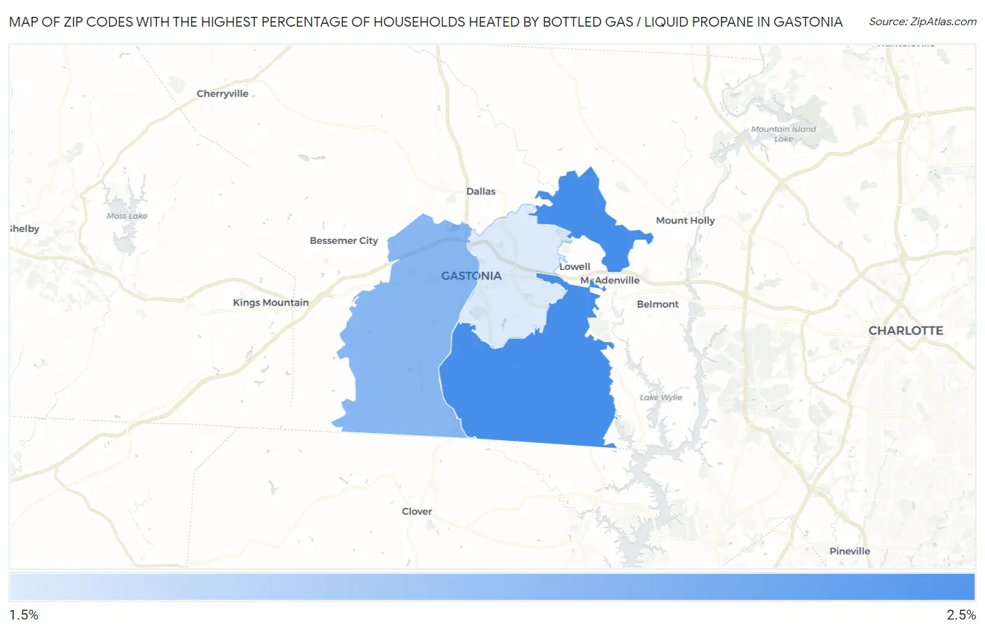 Zip Codes with the Highest Percentage of Households Heated by Bottled Gas / Liquid Propane in Gastonia Map