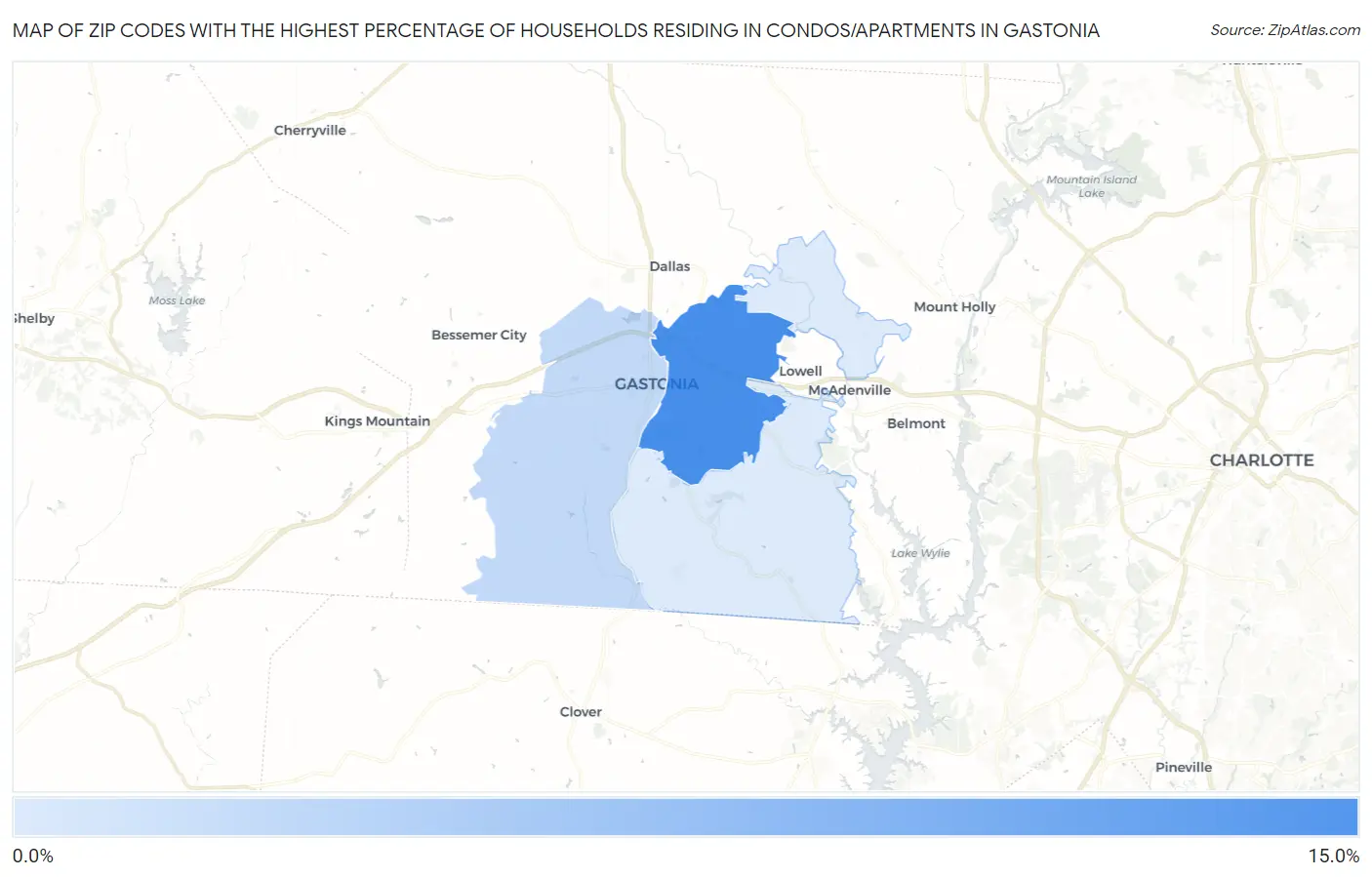 Zip Codes with the Highest Percentage of Households Residing in Condos/Apartments in Gastonia Map