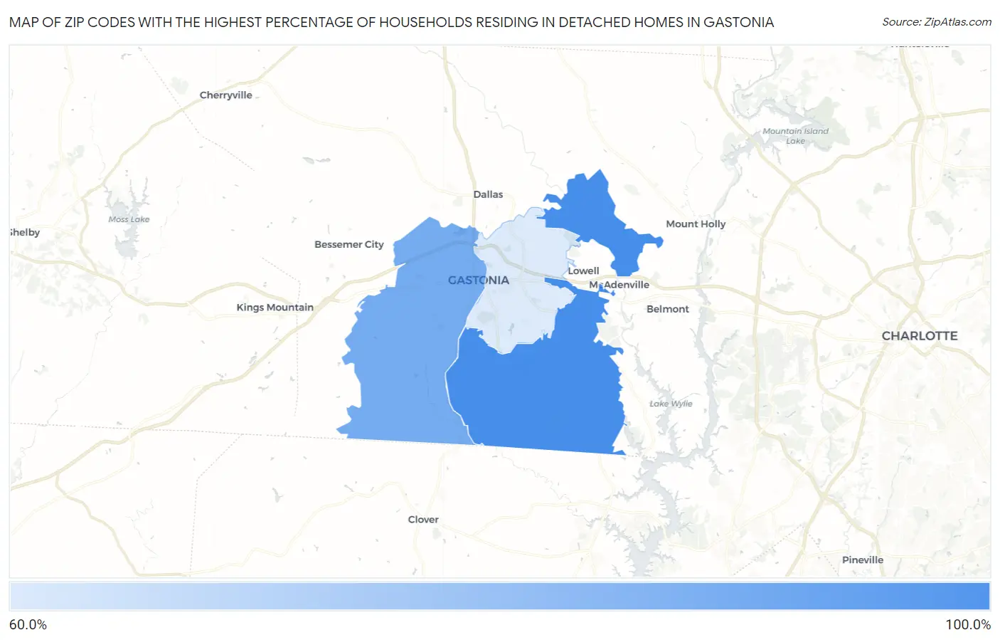 Zip Codes with the Highest Percentage of Households Residing in Detached Homes in Gastonia Map
