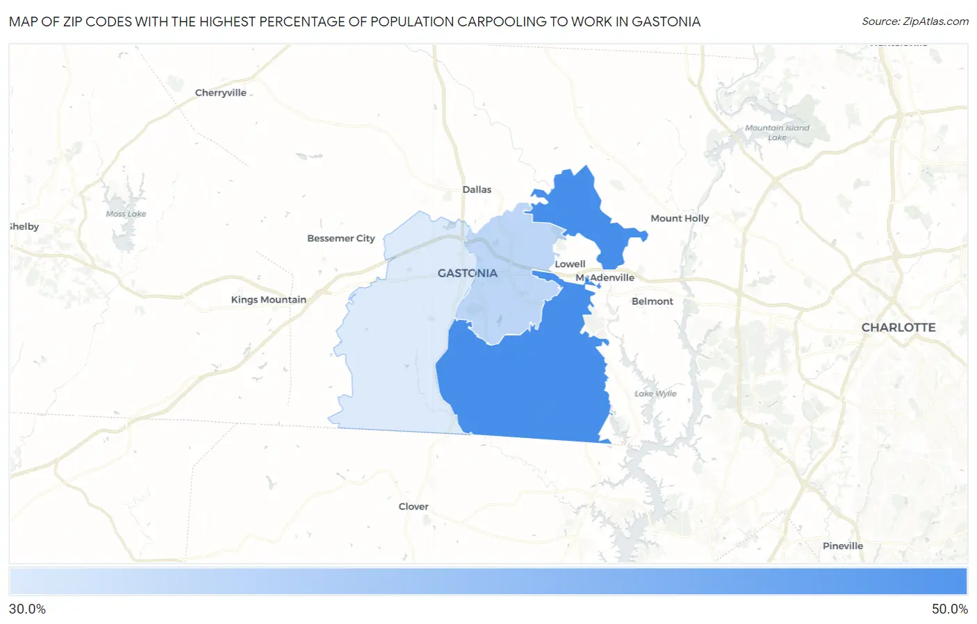 Zip Codes with the Highest Percentage of Population Carpooling to Work in Gastonia Map