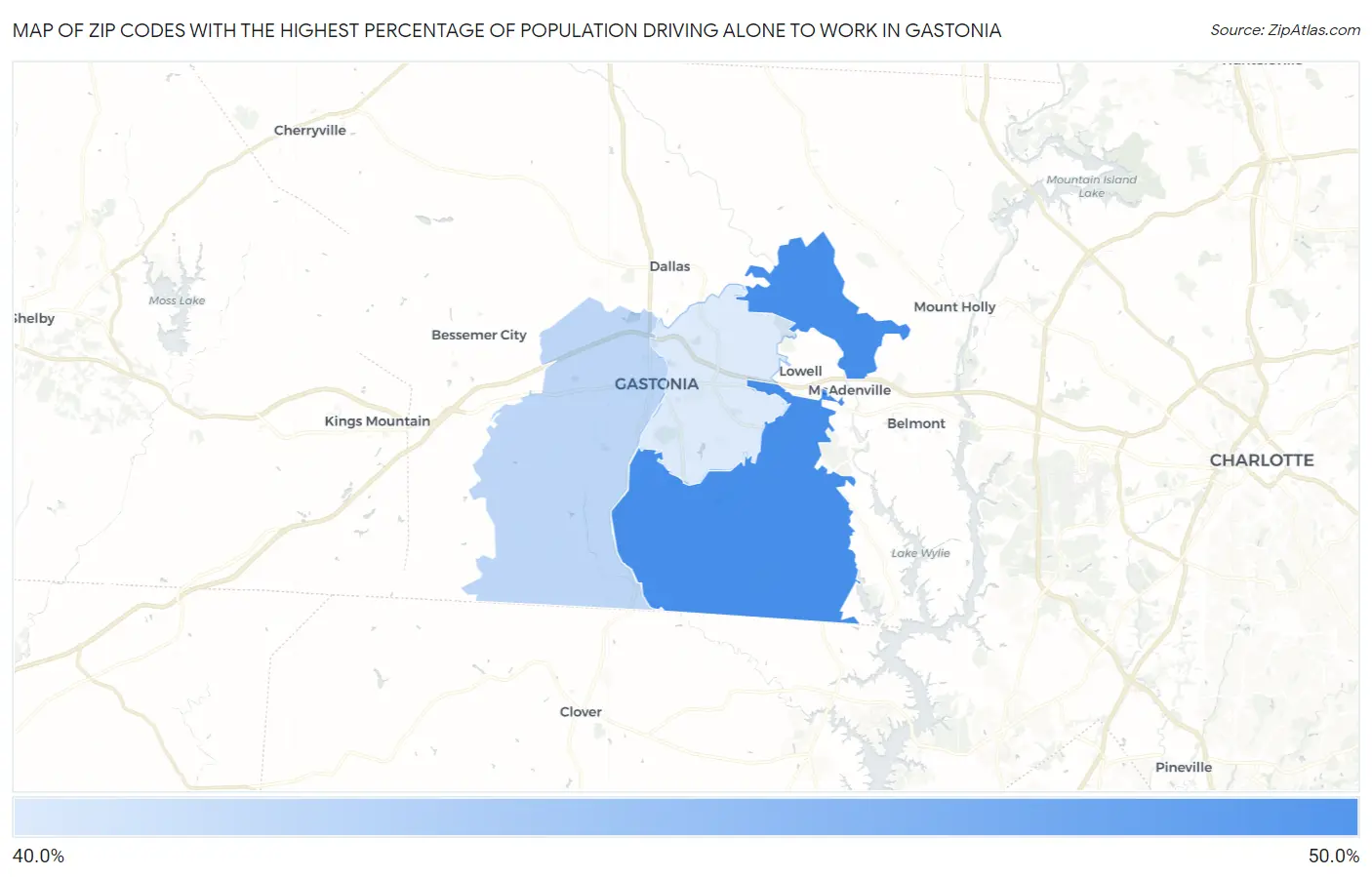Zip Codes with the Highest Percentage of Population Driving Alone to Work in Gastonia Map
