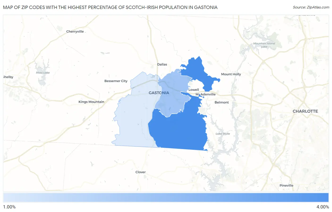 Zip Codes with the Highest Percentage of Scotch-Irish Population in Gastonia Map