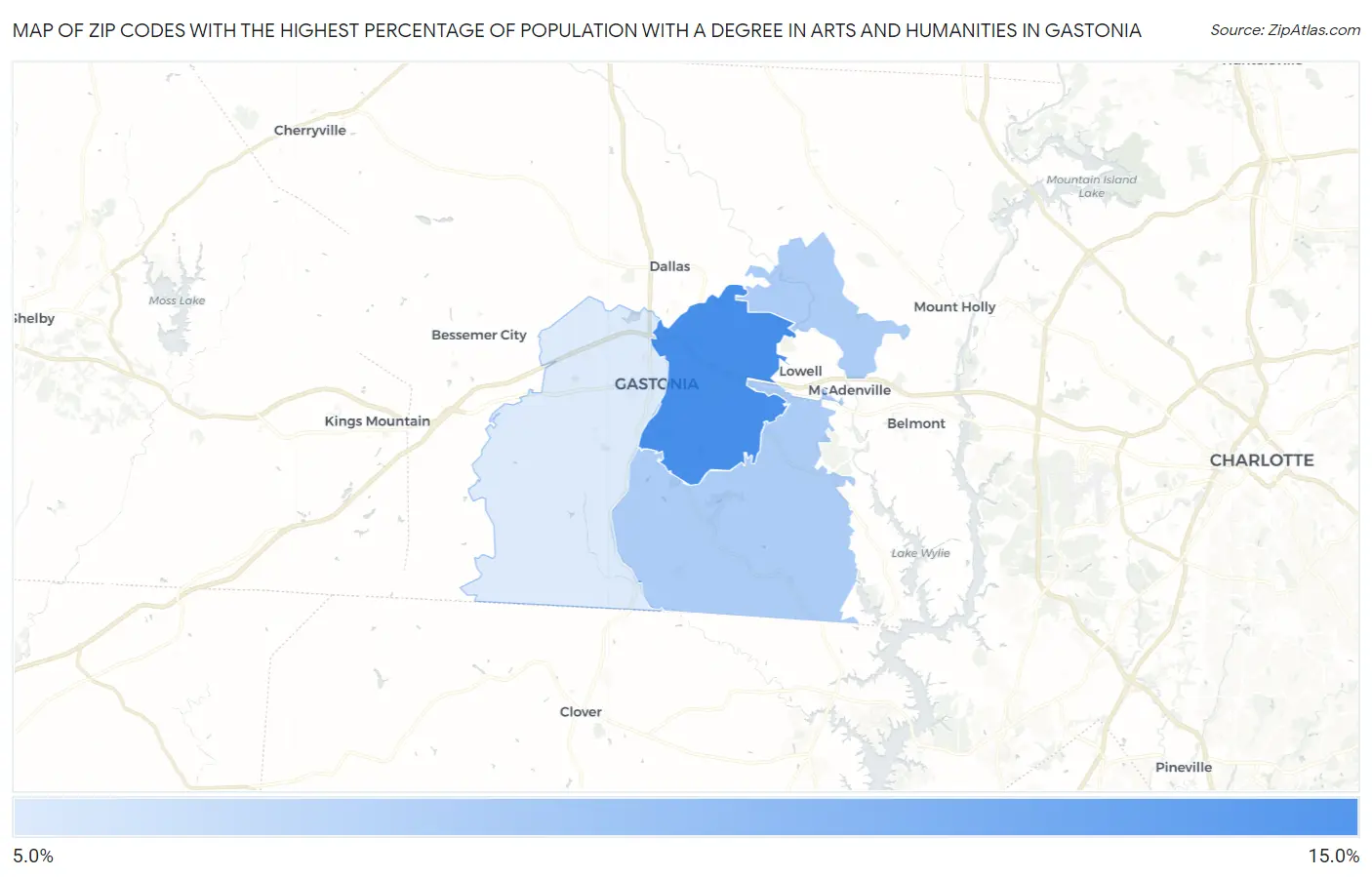 Zip Codes with the Highest Percentage of Population with a Degree in Arts and Humanities in Gastonia Map
