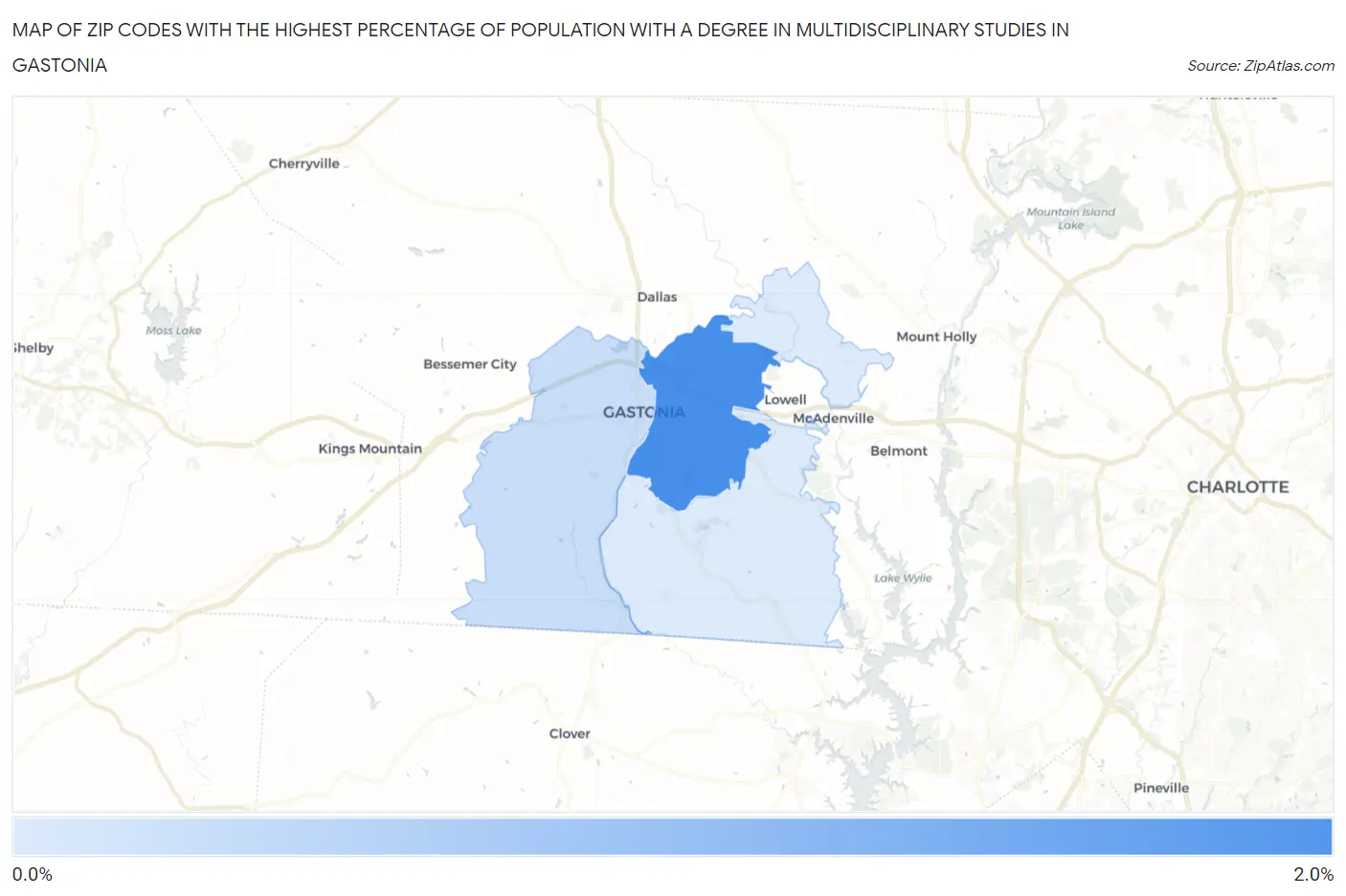 Zip Codes with the Highest Percentage of Population with a Degree in Multidisciplinary Studies in Gastonia Map