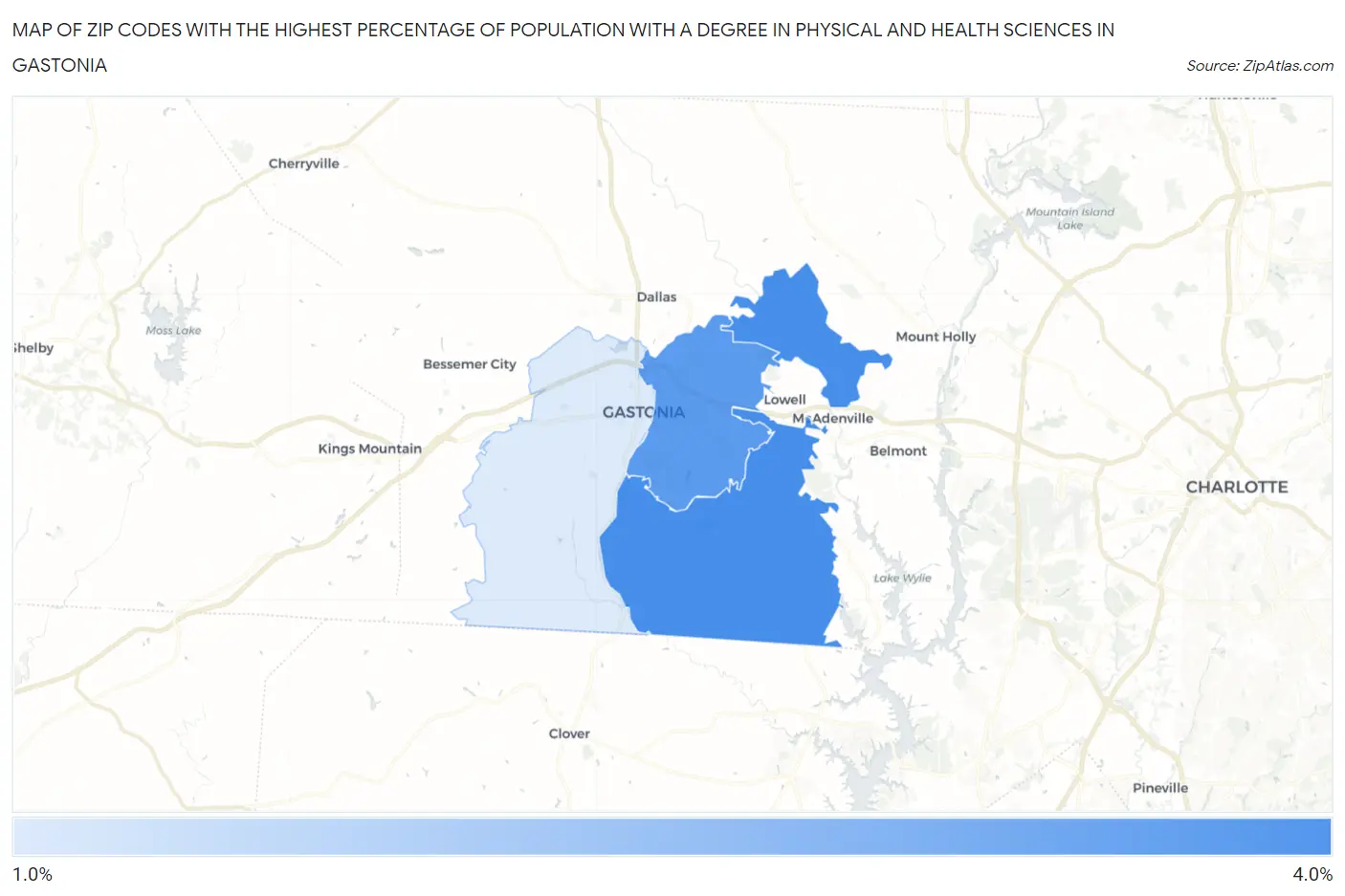 Zip Codes with the Highest Percentage of Population with a Degree in Physical and Health Sciences in Gastonia Map