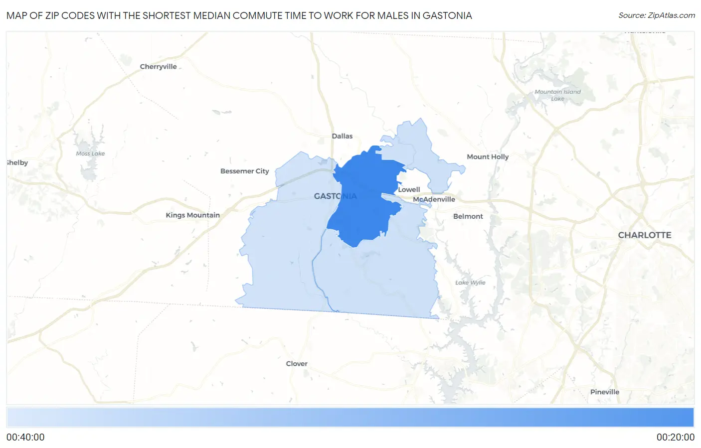 Zip Codes with the Shortest Median Commute Time to Work for Males in Gastonia Map