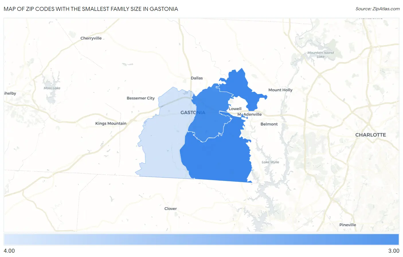 Zip Codes with the Smallest Family Size in Gastonia Map