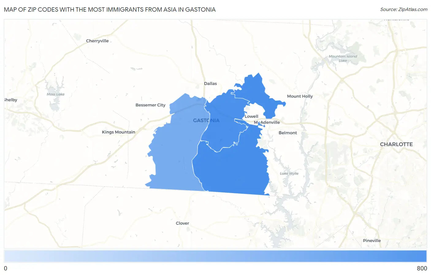 Zip Codes with the Most Immigrants from Asia in Gastonia Map