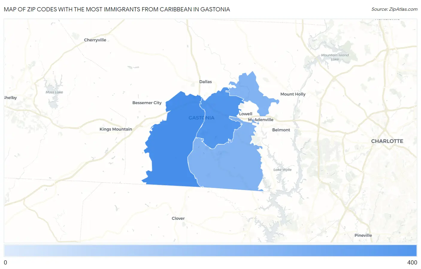Zip Codes with the Most Immigrants from Caribbean in Gastonia Map