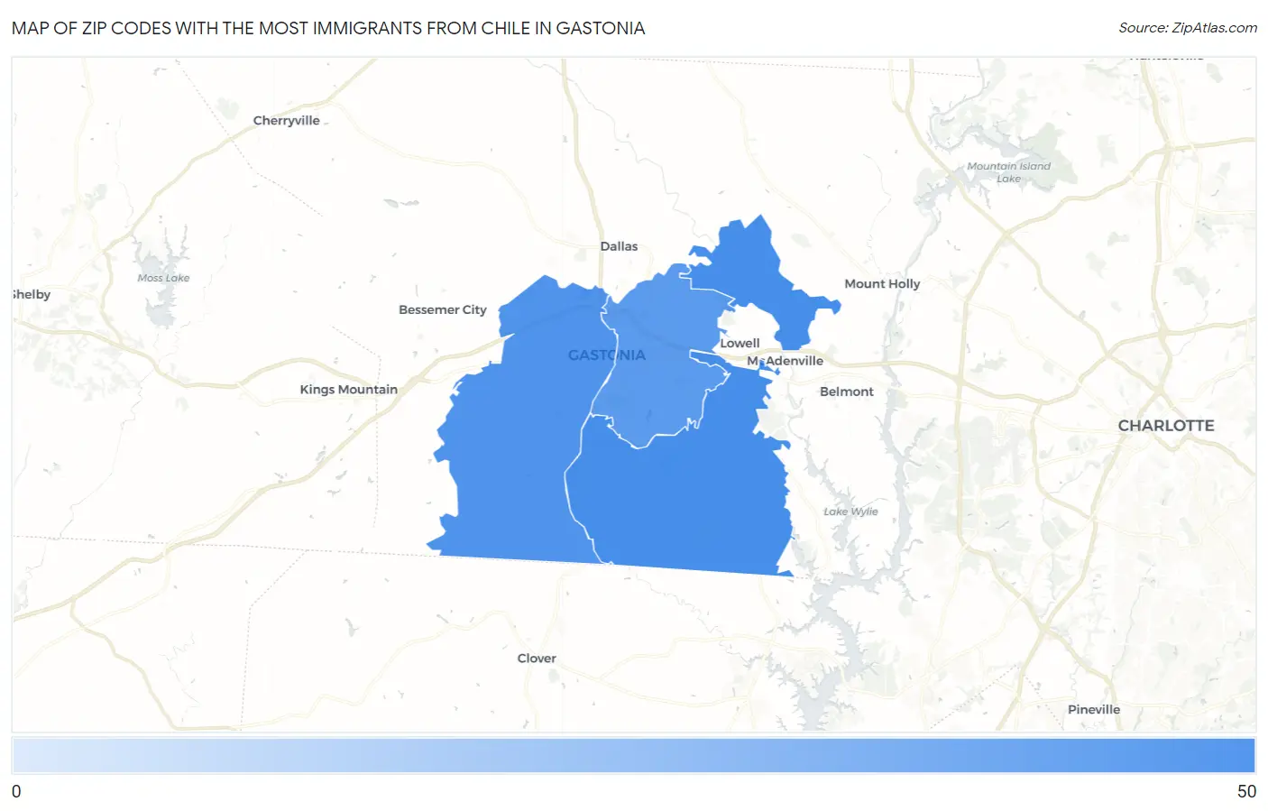 Zip Codes with the Most Immigrants from Chile in Gastonia Map