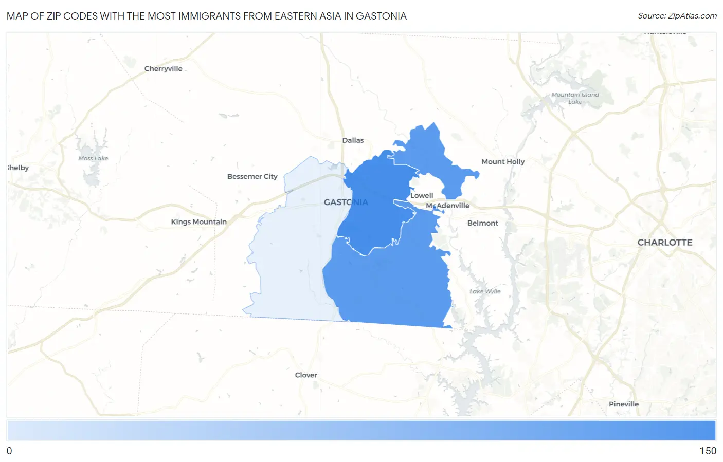 Zip Codes with the Most Immigrants from Eastern Asia in Gastonia Map