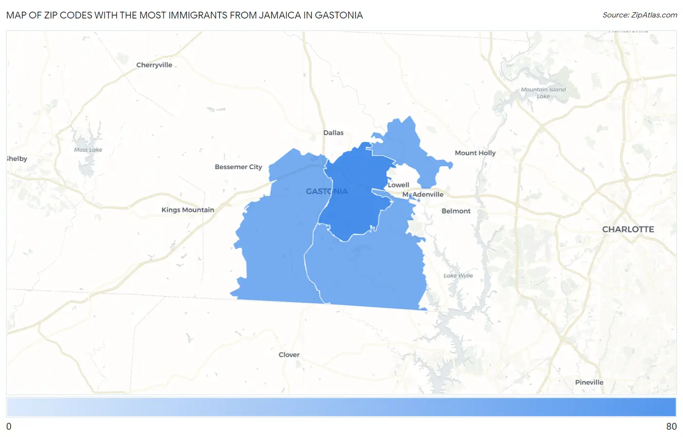 Zip Codes with the Most Immigrants from Jamaica in Gastonia Map