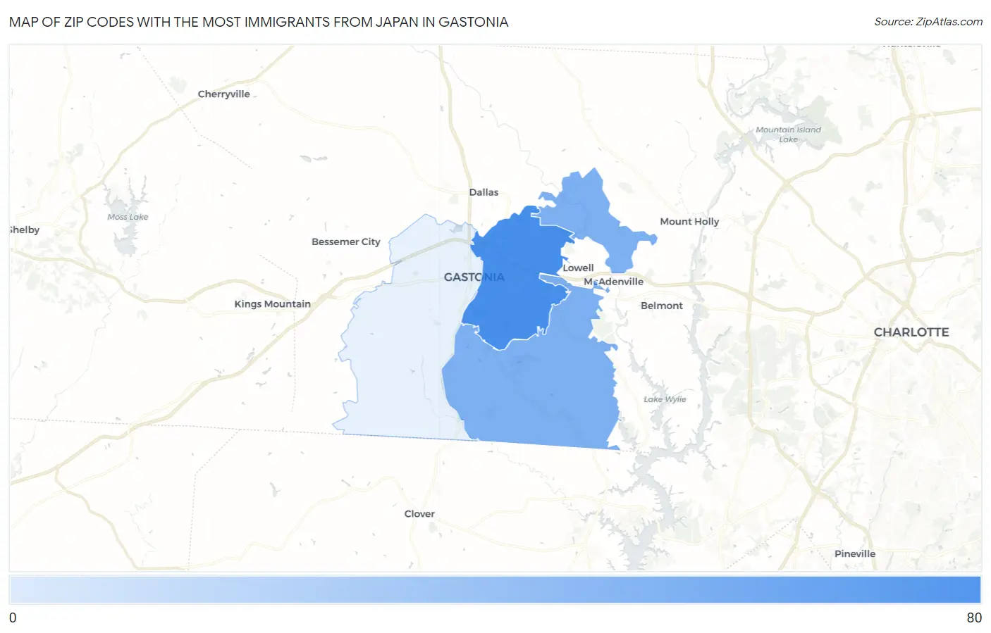 Zip Codes with the Most Immigrants from Japan in Gastonia Map