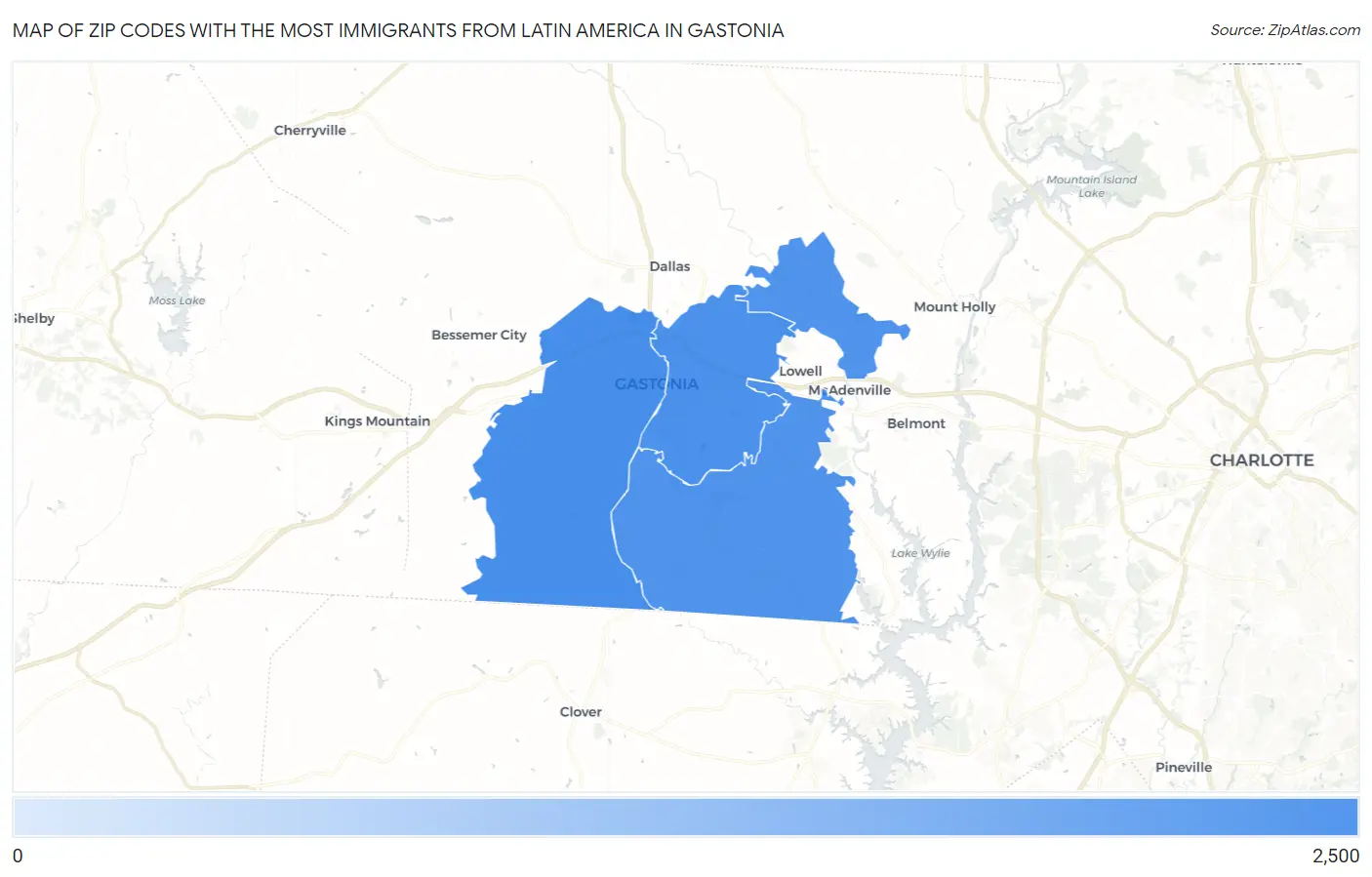 Zip Codes with the Most Immigrants from Latin America in Gastonia Map