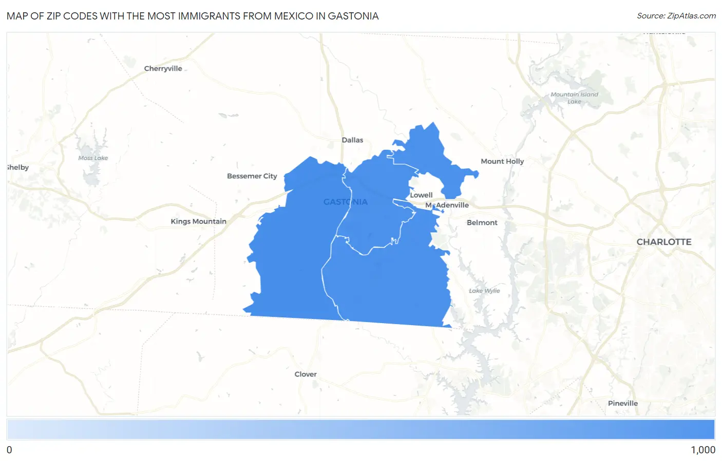 Zip Codes with the Most Immigrants from Mexico in Gastonia Map