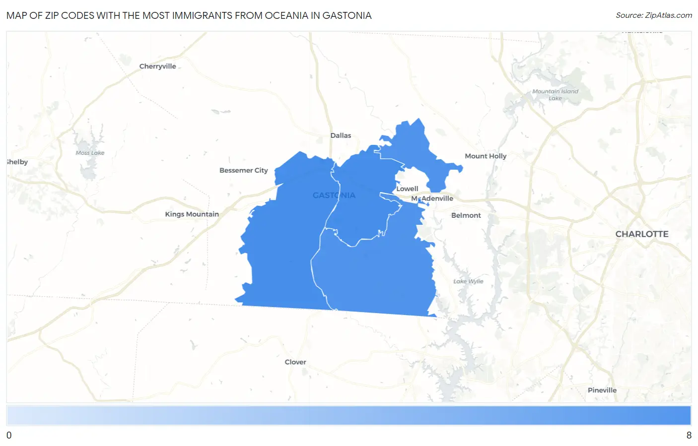Zip Codes with the Most Immigrants from Oceania in Gastonia Map