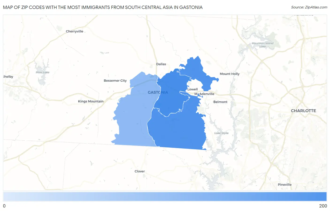 Zip Codes with the Most Immigrants from South Central Asia in Gastonia Map