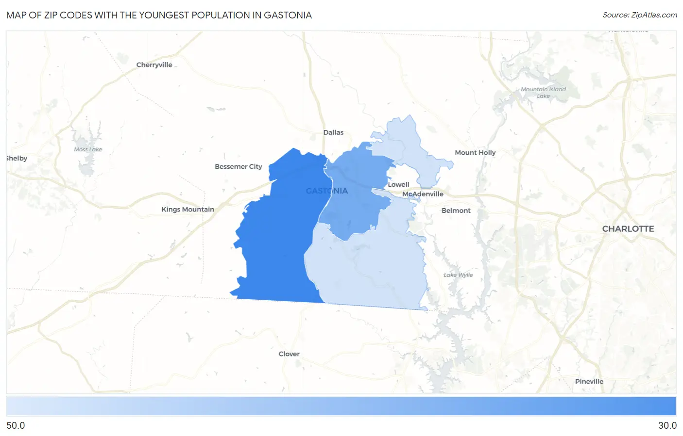 Zip Codes with the Youngest Population in Gastonia Map