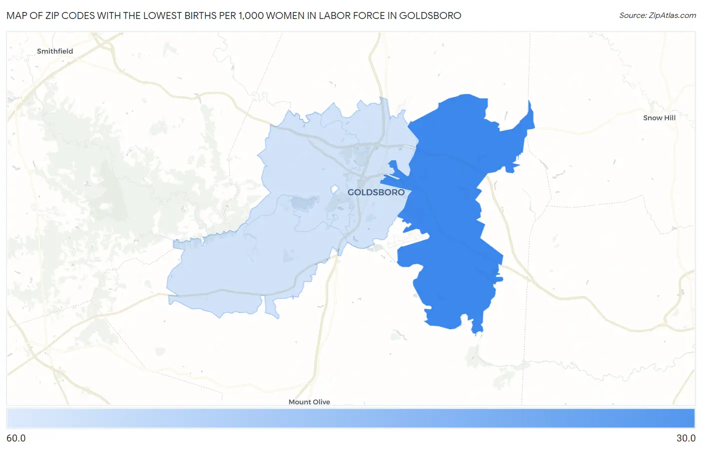 Zip Codes with the Lowest Births per 1,000 Women in Labor Force in Goldsboro Map