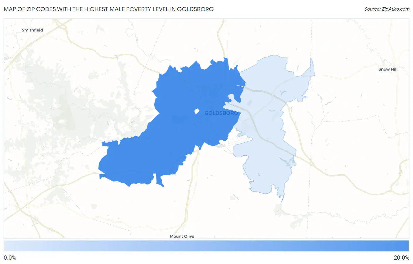 Zip Codes with the Highest Male Poverty Level in Goldsboro Map