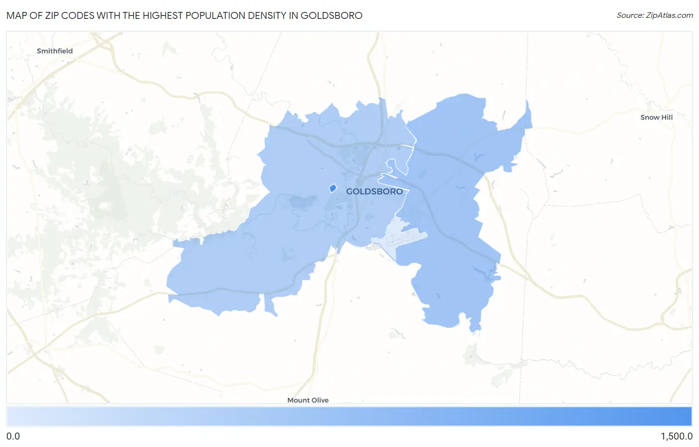 Zip Codes with the Highest Population Density in Goldsboro Map