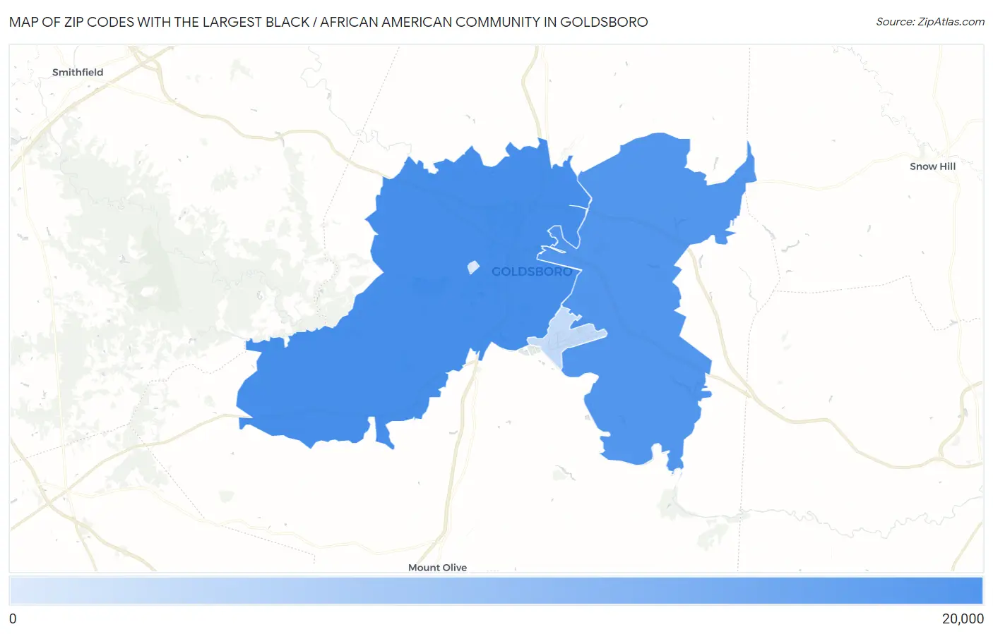 Zip Codes with the Largest Black / African American Community in Goldsboro Map