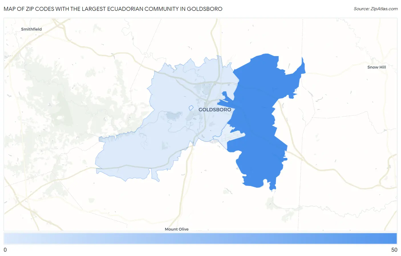 Zip Codes with the Largest Ecuadorian Community in Goldsboro Map