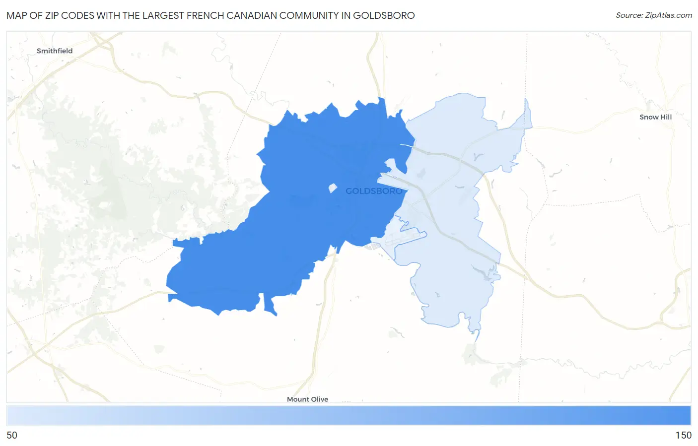 Zip Codes with the Largest French Canadian Community in Goldsboro Map