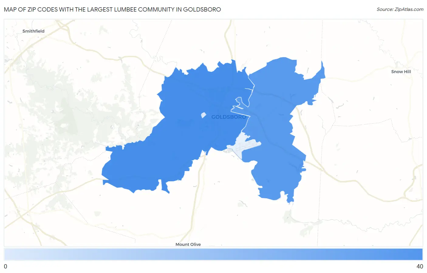 Zip Codes with the Largest Lumbee Community in Goldsboro Map