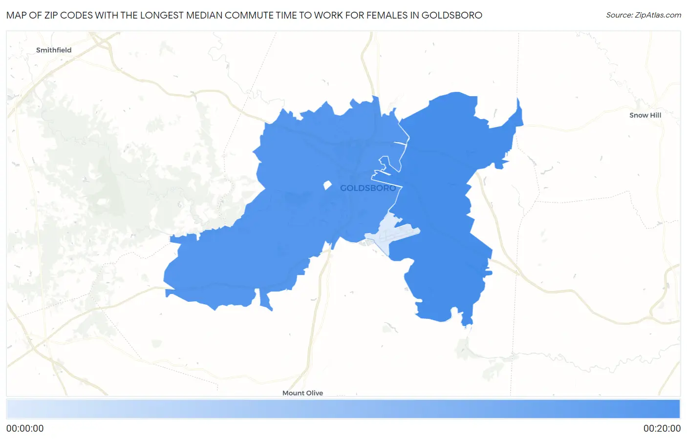 Zip Codes with the Longest Median Commute Time to Work for Females in Goldsboro Map