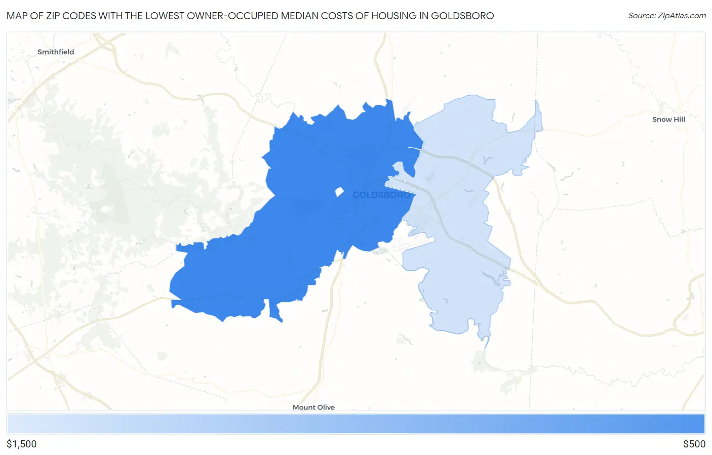 Zip Codes with the Lowest Owner-Occupied Median Costs of Housing in Goldsboro Map