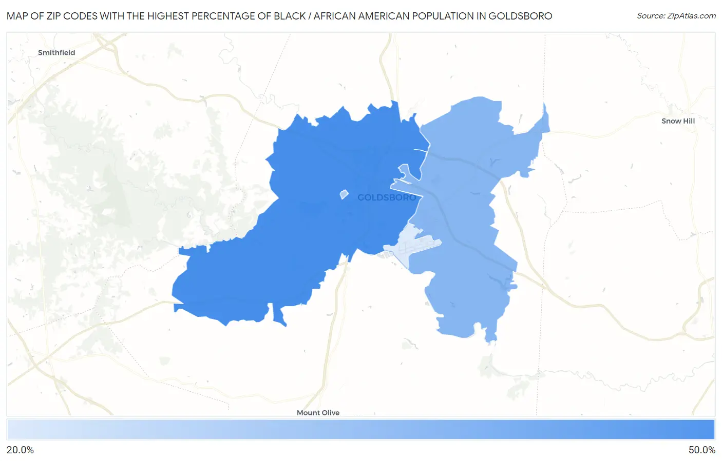 Zip Codes with the Highest Percentage of Black / African American Population in Goldsboro Map