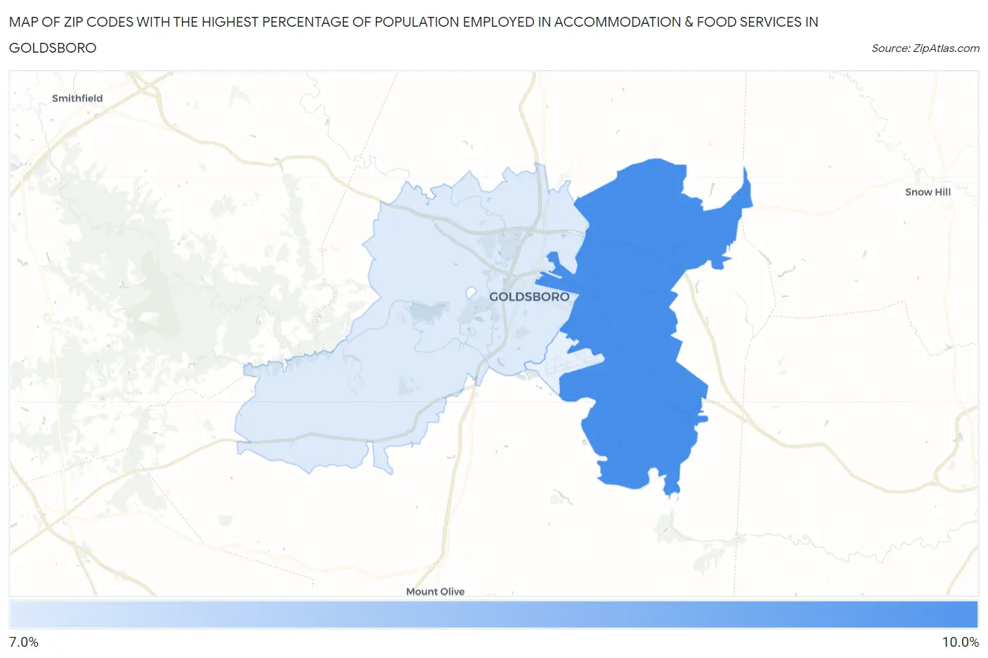 Zip Codes with the Highest Percentage of Population Employed in Accommodation & Food Services in Goldsboro Map