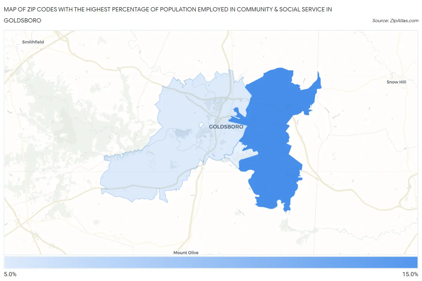 Zip Codes with the Highest Percentage of Population Employed in Community & Social Service  in Goldsboro Map