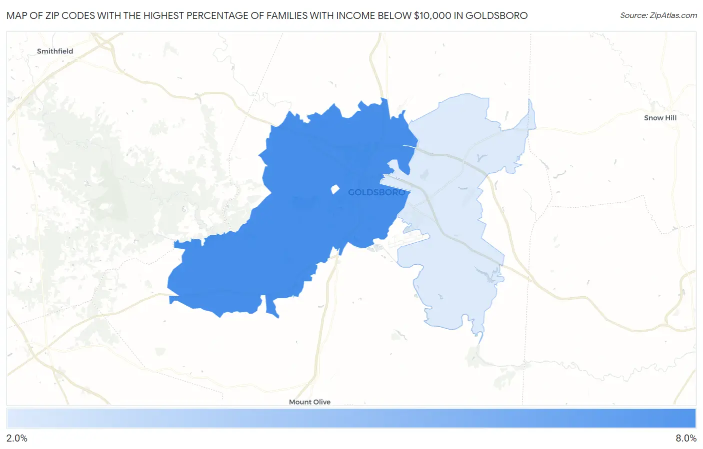 Zip Codes with the Highest Percentage of Families with Income Below $10,000 in Goldsboro Map