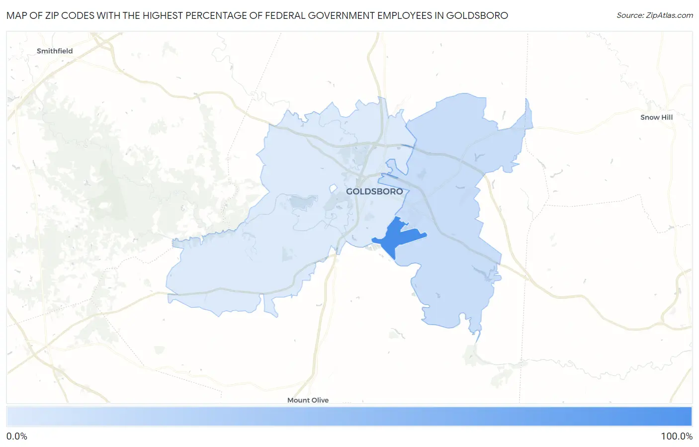 Zip Codes with the Highest Percentage of Federal Government Employees in Goldsboro Map