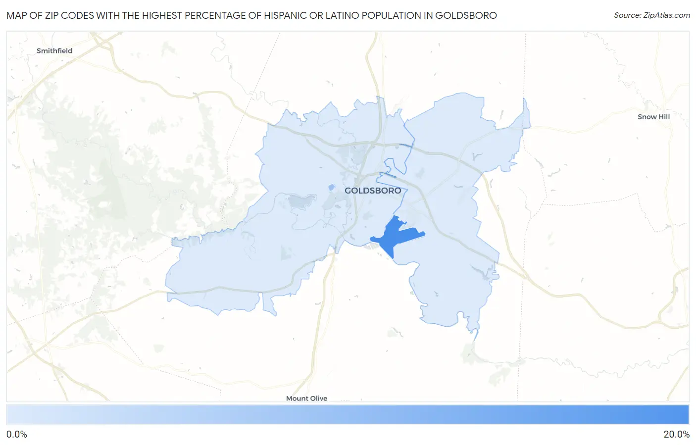 Zip Codes with the Highest Percentage of Hispanic or Latino Population in Goldsboro Map