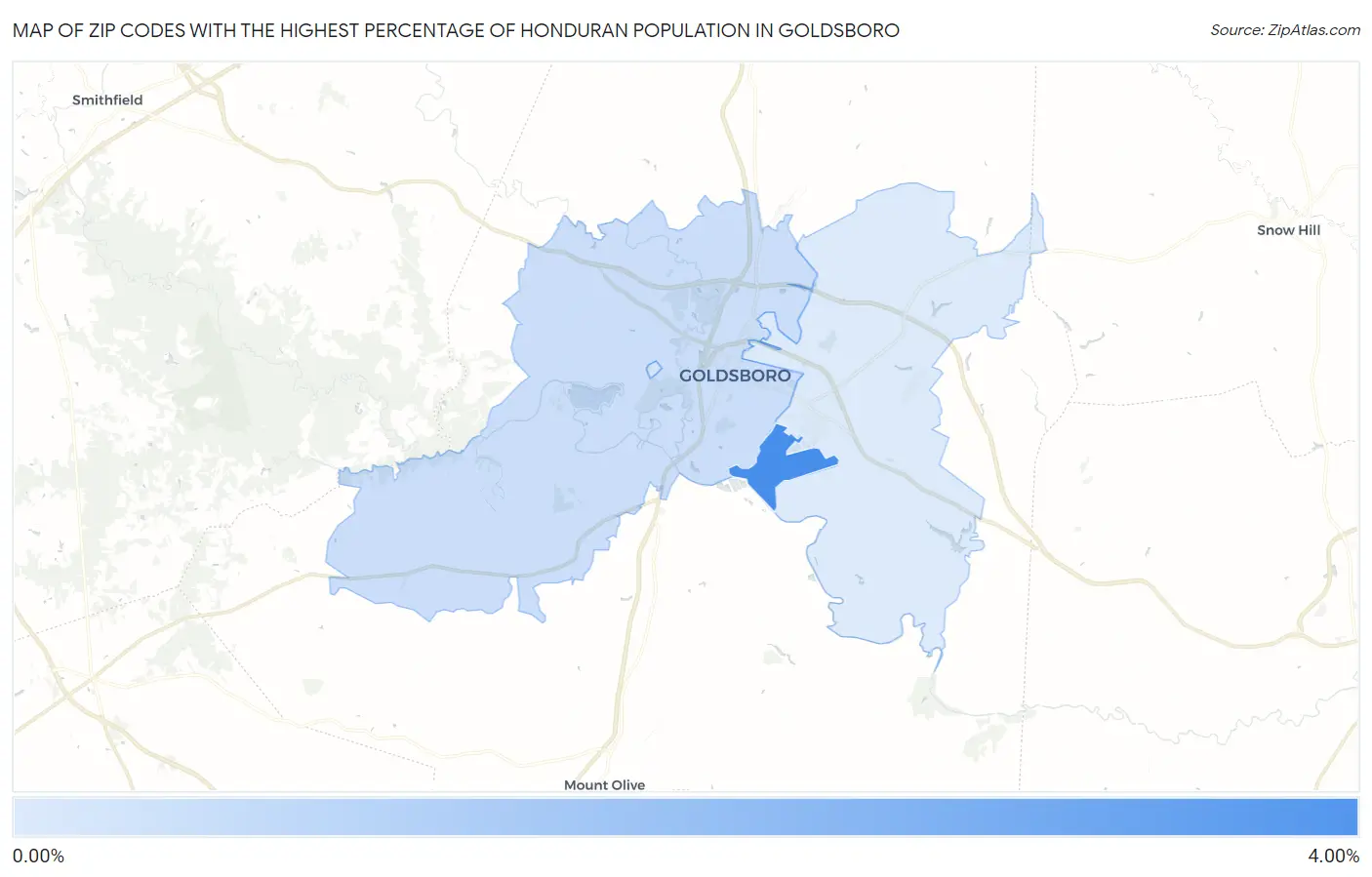 Zip Codes with the Highest Percentage of Honduran Population in Goldsboro Map