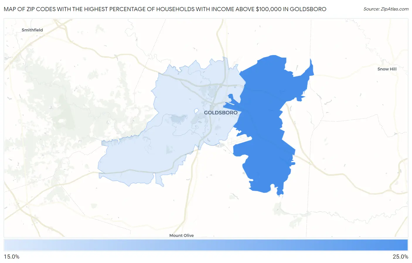 Zip Codes with the Highest Percentage of Households with Income Above $100,000 in Goldsboro Map