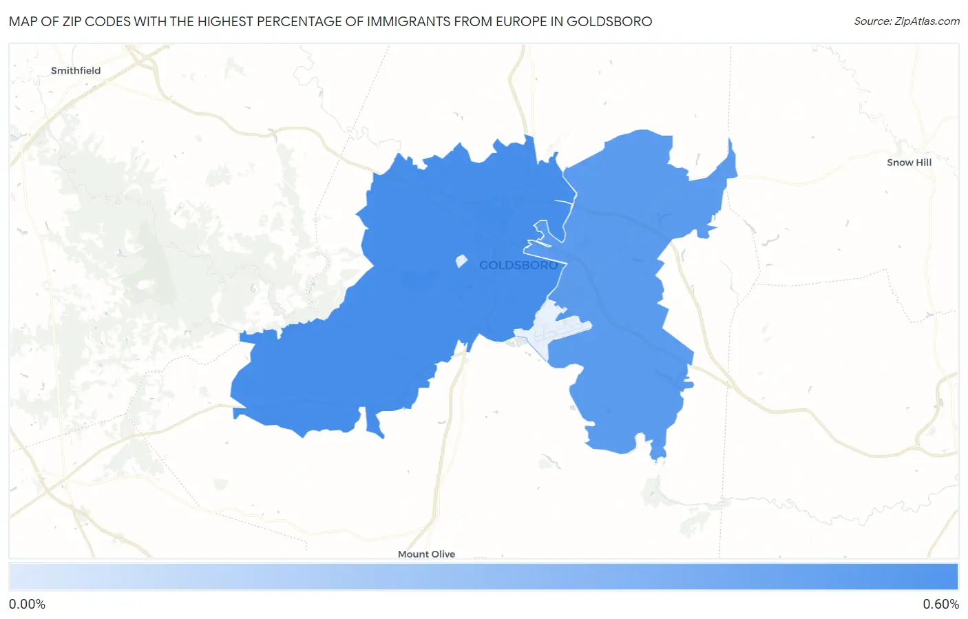 Zip Codes with the Highest Percentage of Immigrants from Europe in Goldsboro Map