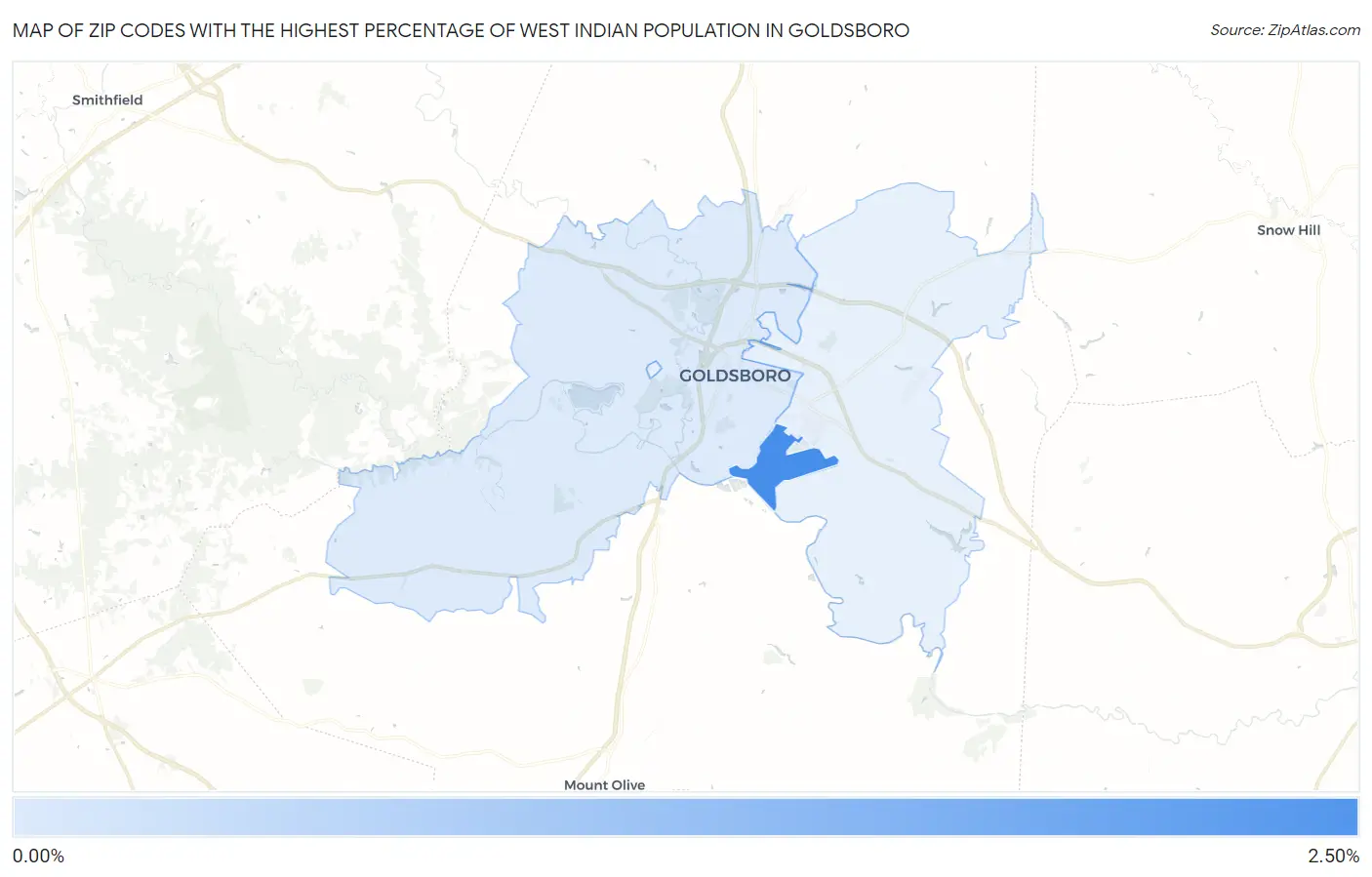 Zip Codes with the Highest Percentage of West Indian Population in Goldsboro Map