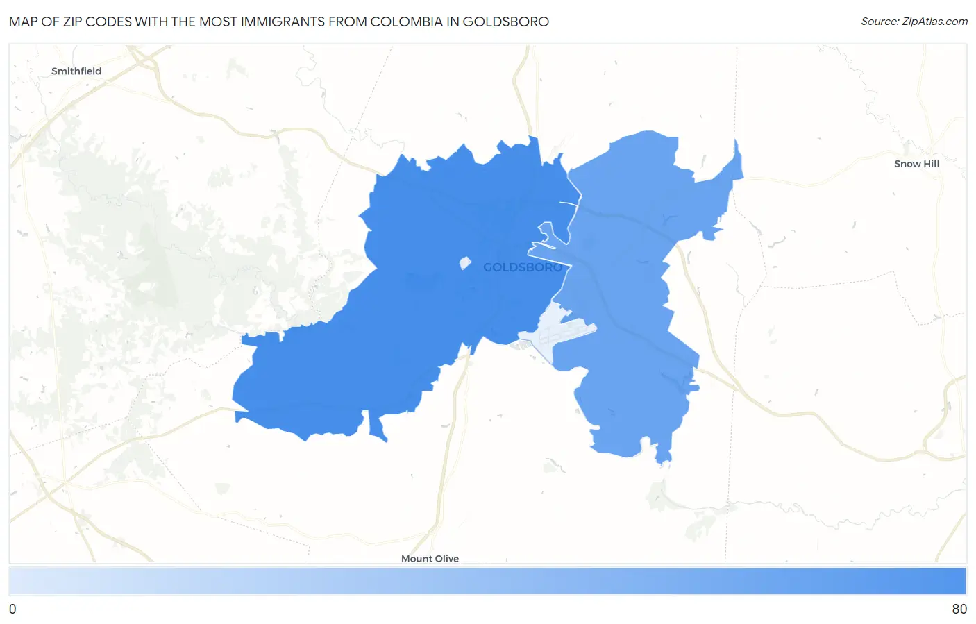 Zip Codes with the Most Immigrants from Colombia in Goldsboro Map