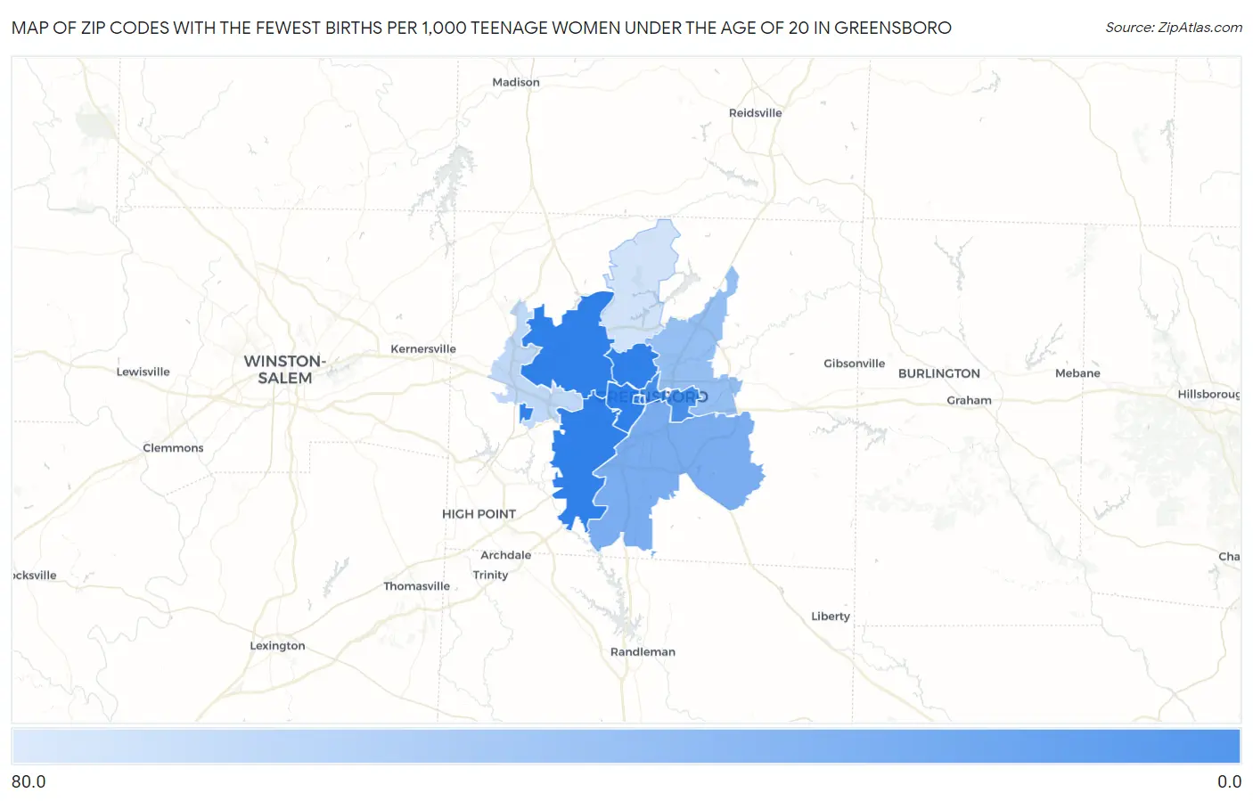 Zip Codes with the Fewest Births per 1,000 Teenage Women Under the Age of 20 in Greensboro Map