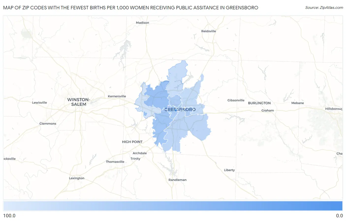 Zip Codes with the Fewest Births per 1,000 Women Receiving Public Assitance in Greensboro Map