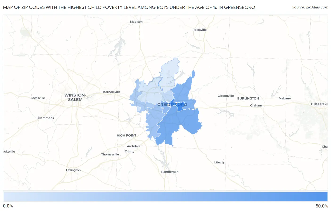 Zip Codes with the Highest Child Poverty Level Among Boys Under the Age of 16 in Greensboro Map