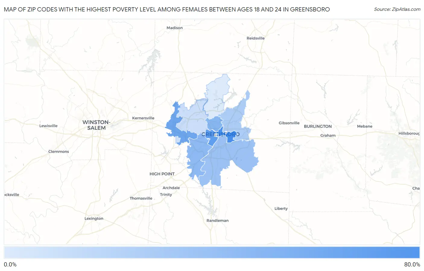 Zip Codes with the Highest Poverty Level Among Females Between Ages 18 and 24 in Greensboro Map