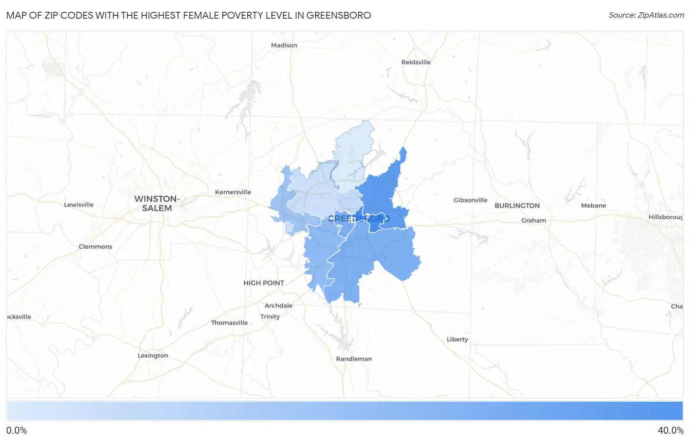 Zip Codes with the Highest Female Poverty Level in Greensboro Map