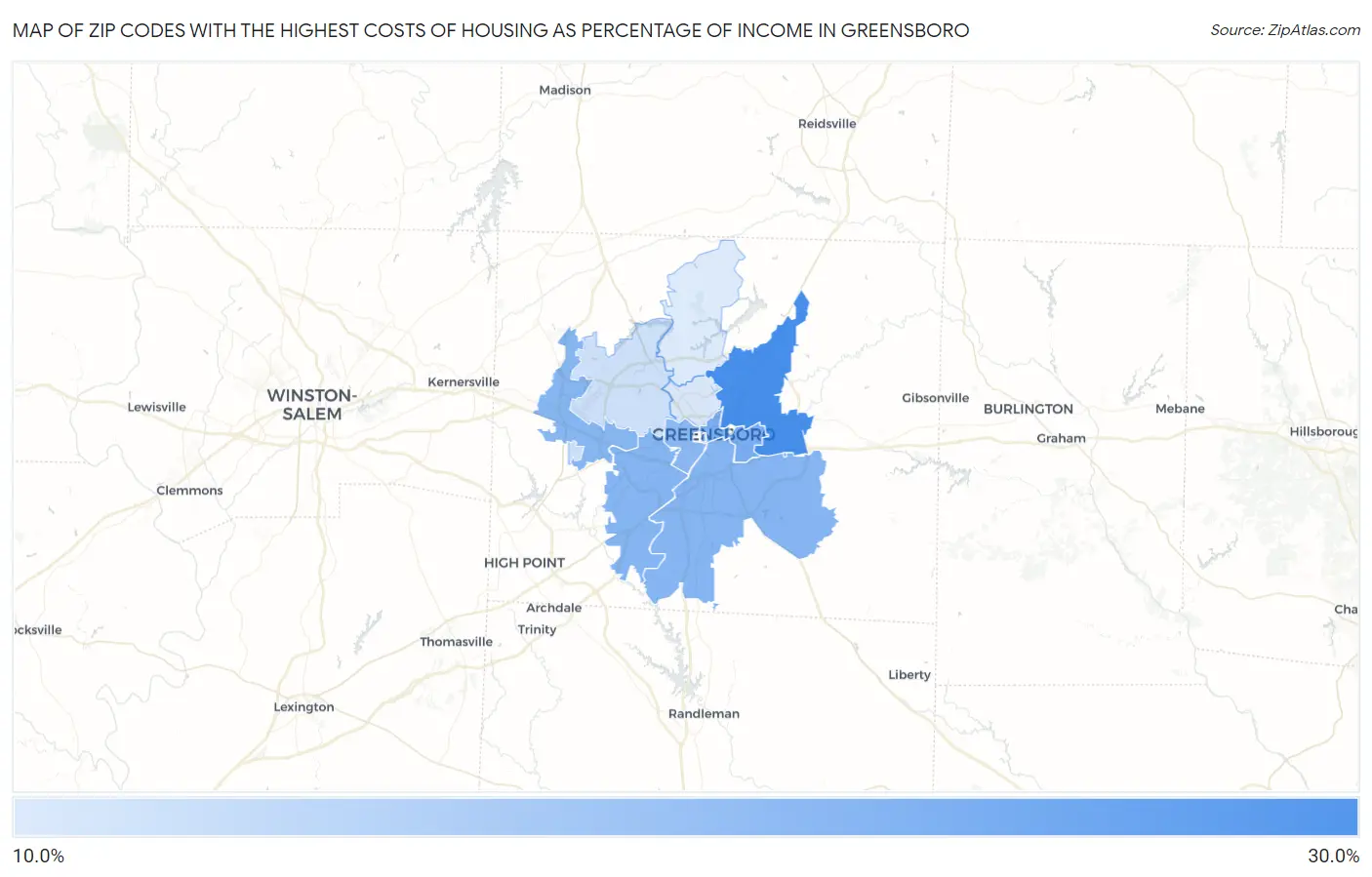 Zip Codes with the Highest Costs of Housing as Percentage of Income in Greensboro Map