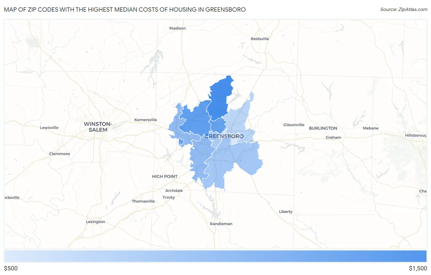 Zip Codes with the Highest Median Costs of Housing in Greensboro Map