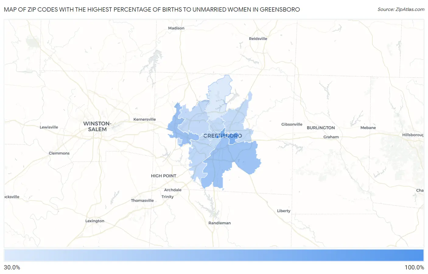 Zip Codes with the Highest Percentage of Births to Unmarried Women in Greensboro Map